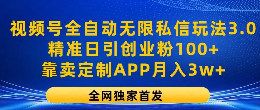 视频号全自动无限私信玩法3.0,精准日引创业粉100+,靠卖定制APP月入3w+-副业团