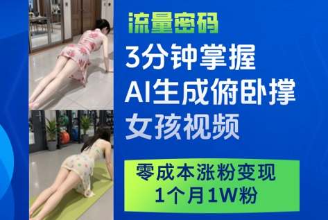 3分钟掌握AI生成俯卧撑女孩视频,零成本涨粉变现,1个月1W粉-副业团