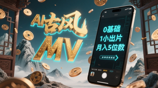AI一键生成古风音乐MV,0剪辑基础1小时出片,多种变现渠道,一部手机月入5位数-副业团