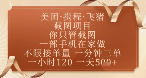 飞猪美团截图项目,你只管截图,一部手机在家做,正规平台无套路,一天5张+【揭秘】-副业团