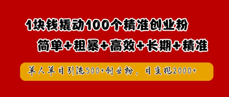 1块钱撬动100个精准创业粉,简单粗暴高效长期精准,单人单日引流500+创业粉,日变现2k【揭秘】