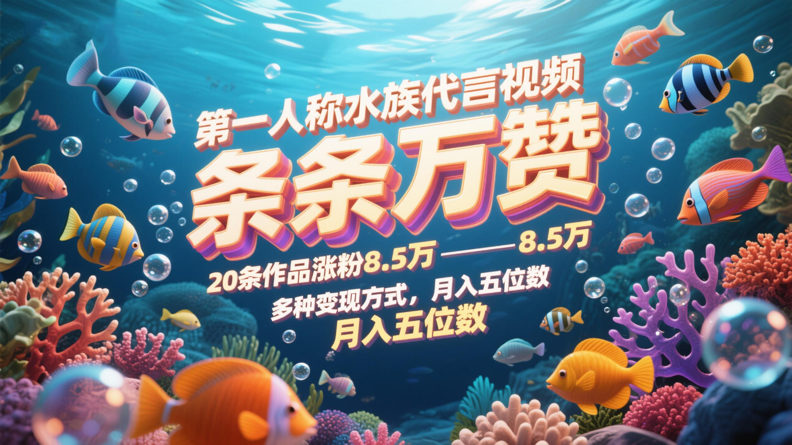 第一人称水族代言视频,条条万赞,20条作品涨粉8.5万,多种变现方式月,入五位数-副业团